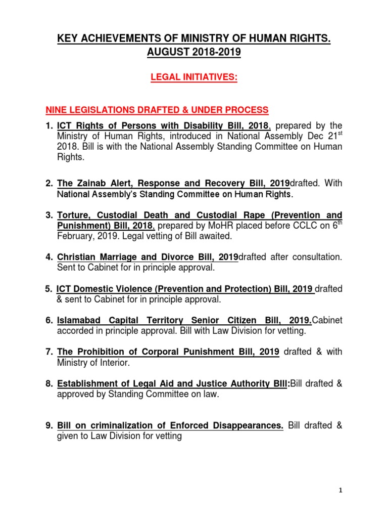 Key Achievements of Ministry of Human Rights. AUGUST 2018-2019 | PDF ...