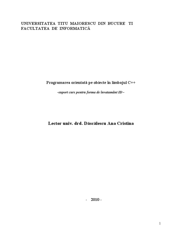Programare Orientata Pe Obiecte C++ Dascalescu Ana Cristina | PDF