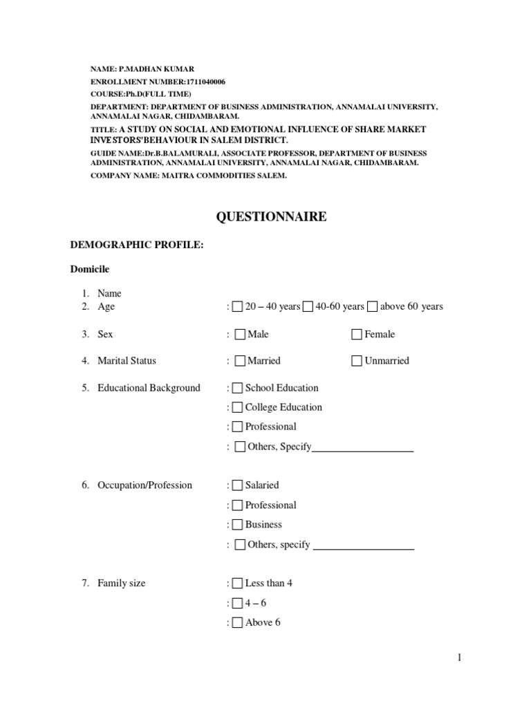 Model Questionnaire 14-03-T20 PDF | PDF | Investing | Stocks