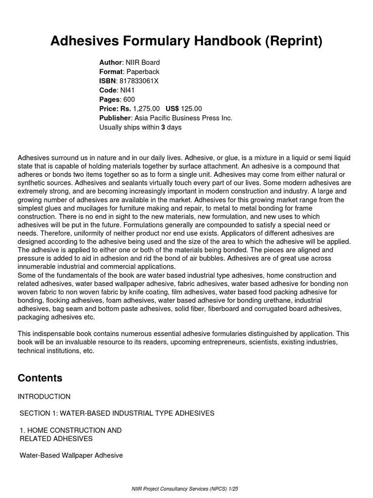 Adhesives Formulary Handbook (Reprint) PDF Adhesive Polyethylene