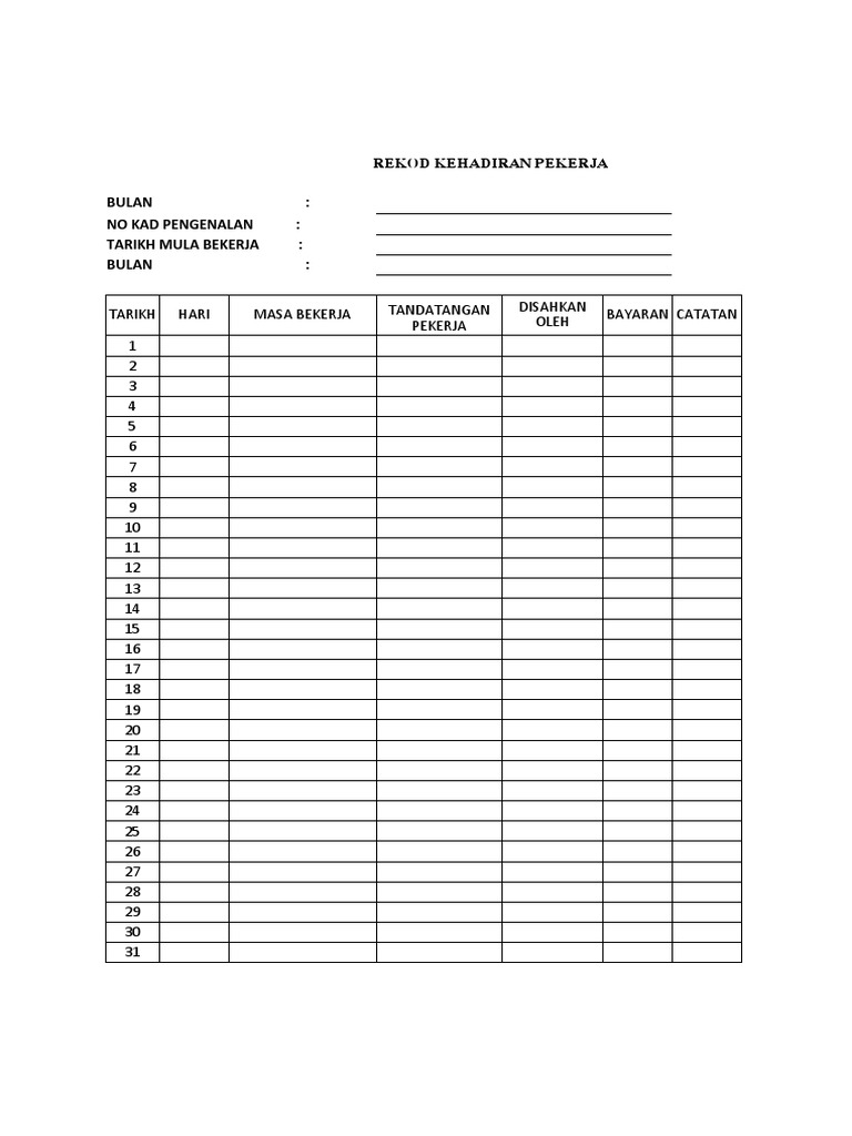 Rekod Kehadiran Pekerja1 | PDF