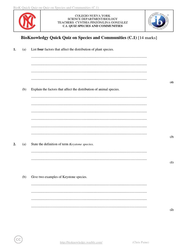 Species Communities Quiz C 1 Pdf Ecological Niche Species