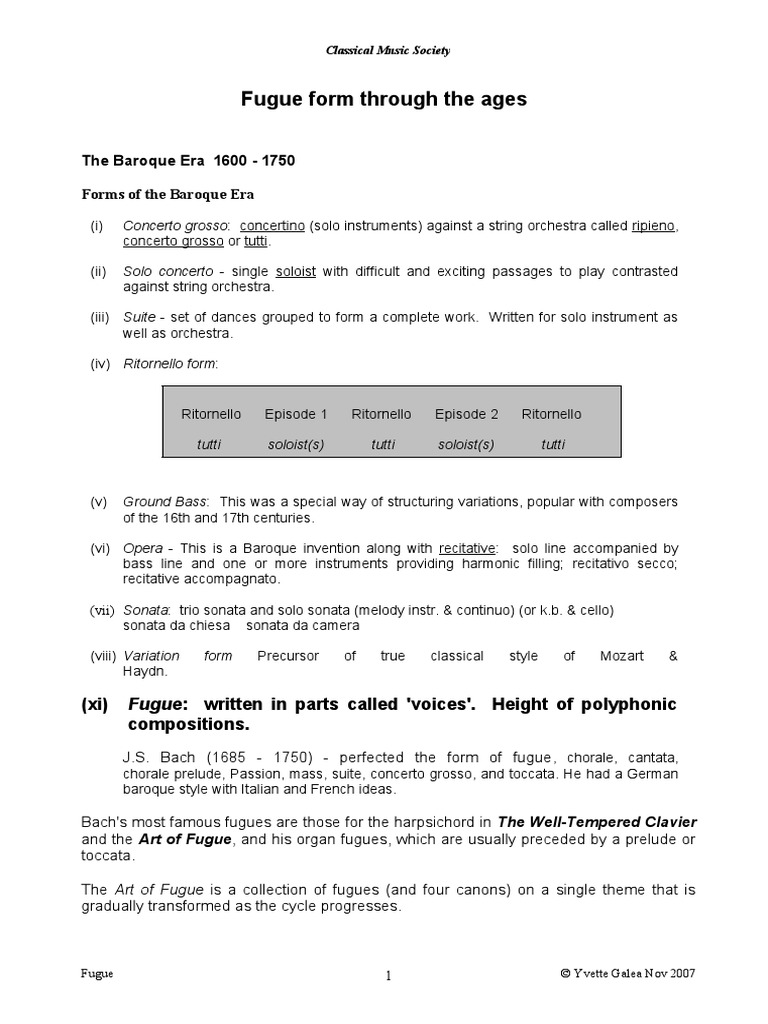 The Fugue Form And Style Through The Ages Pdf Concerto Elements