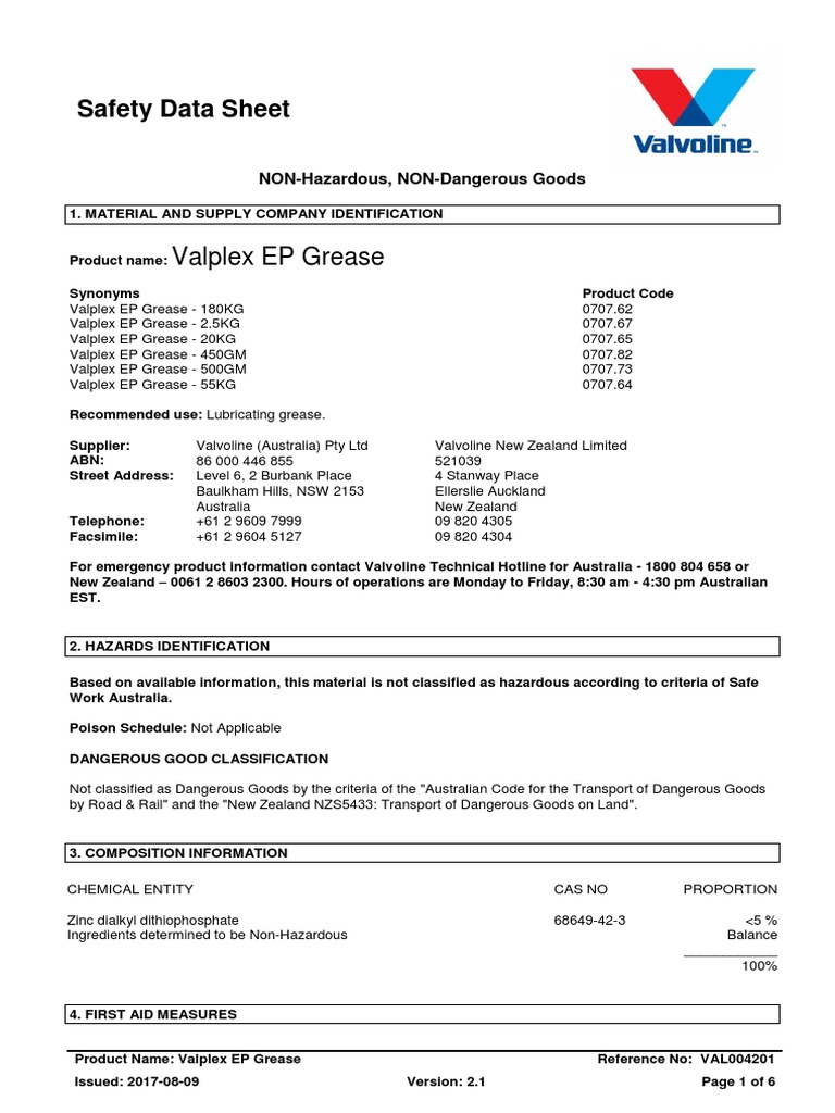 Valplex EP Grease Safety Data Sheet PDF Dangerous Goods Toxicity