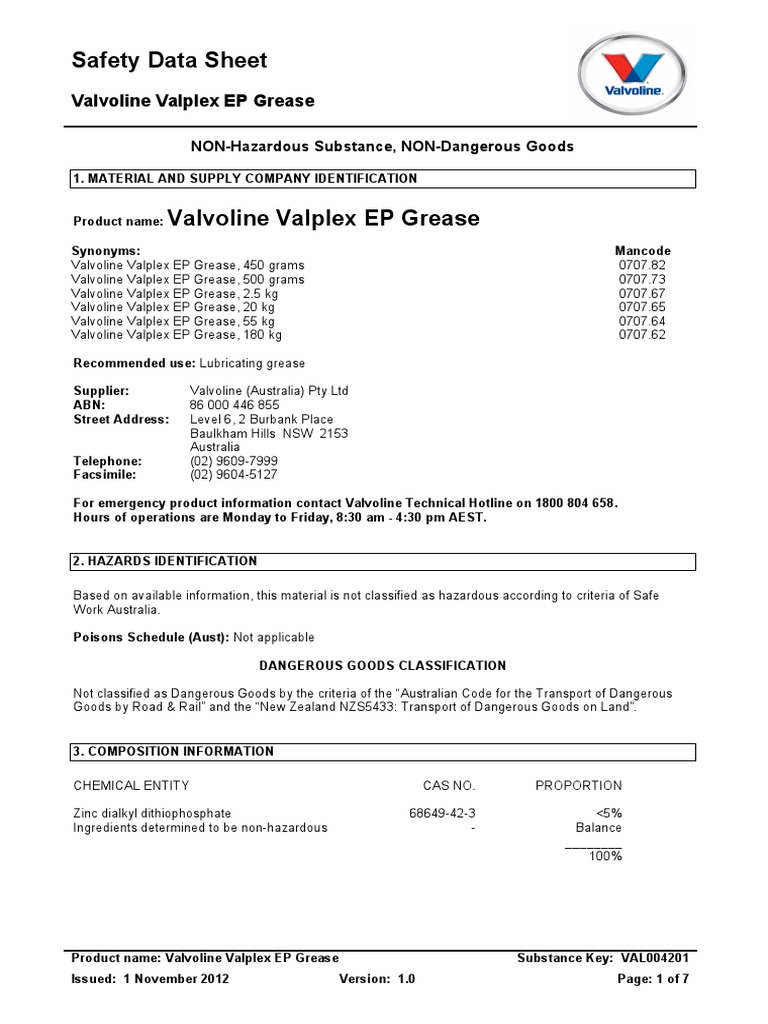 Safety Data Sheet Valvoline Valplex EP Grease PDF Dangerous Goods