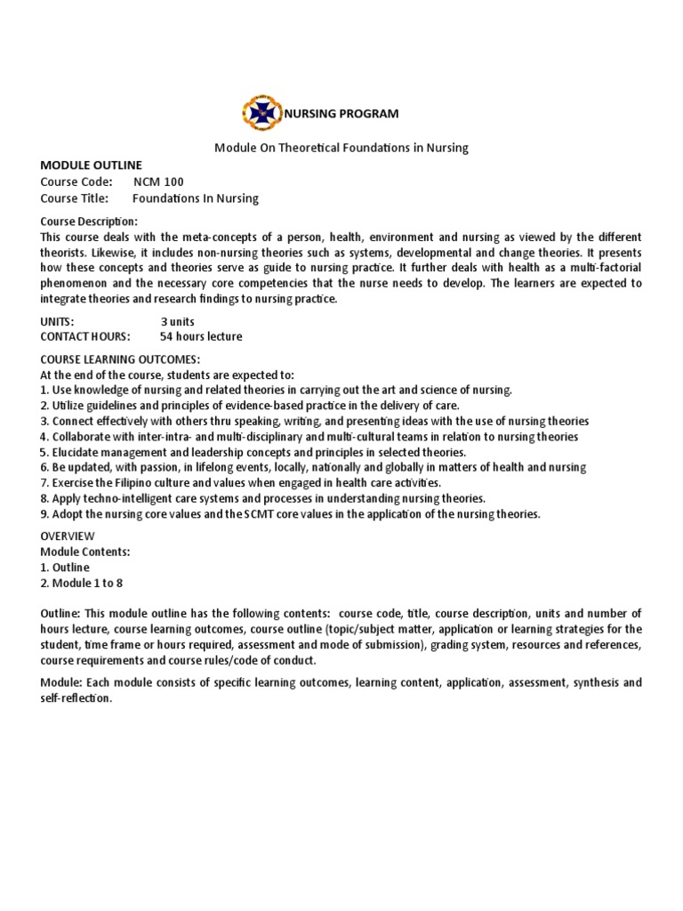 Module On Theoretical Foundations in Nursing Course Code: NCM 100 ...