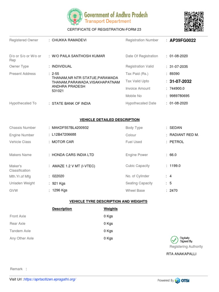 Certificate of RegistrationForm 23 PDF Sedans Axle