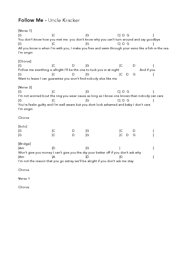 Uncle Kracker Follow Me Guitar Chords Uncle Kracker 