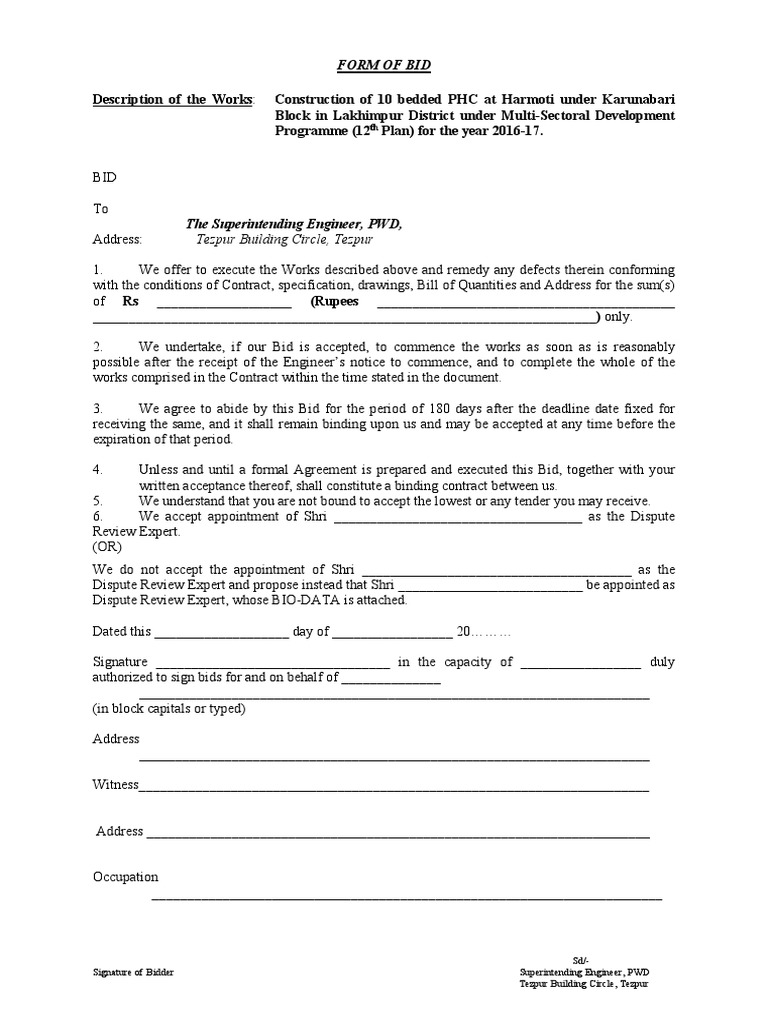 form-of-bid-sd-signature-of-bidder-superintending-engineer-pwd