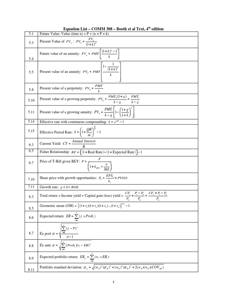 Formula Sheet Book Comm 308 | PDF | Present Value | Net Present Value