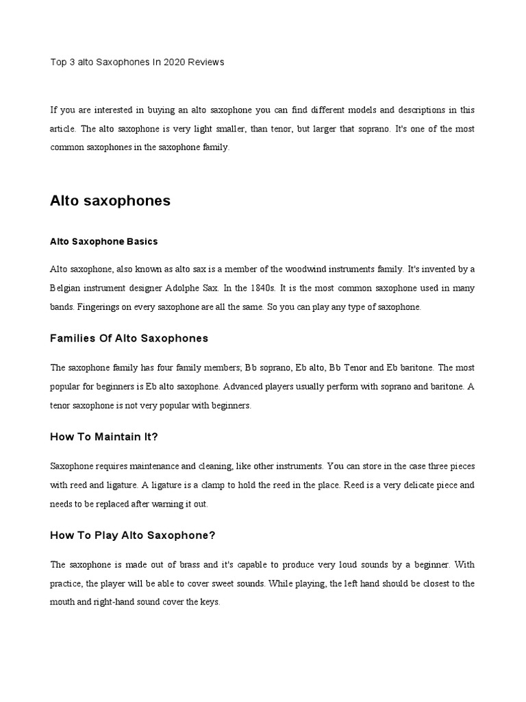 Families of Alto Saxophones PDF Saxophone Tenor Saxophone