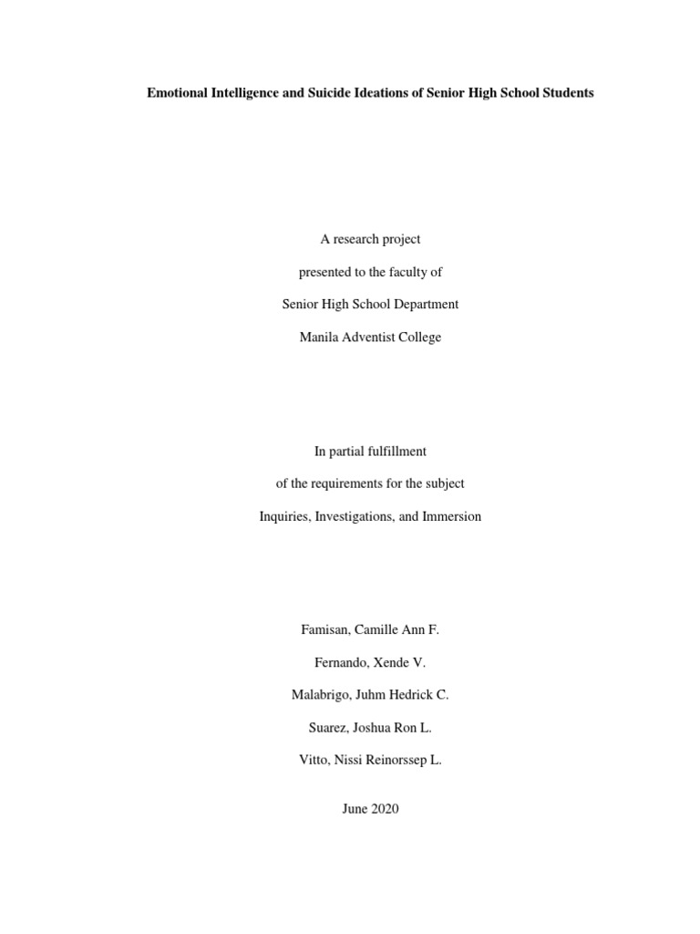 Emotional Intelligence and Suicide Ideations of Senior High School ...