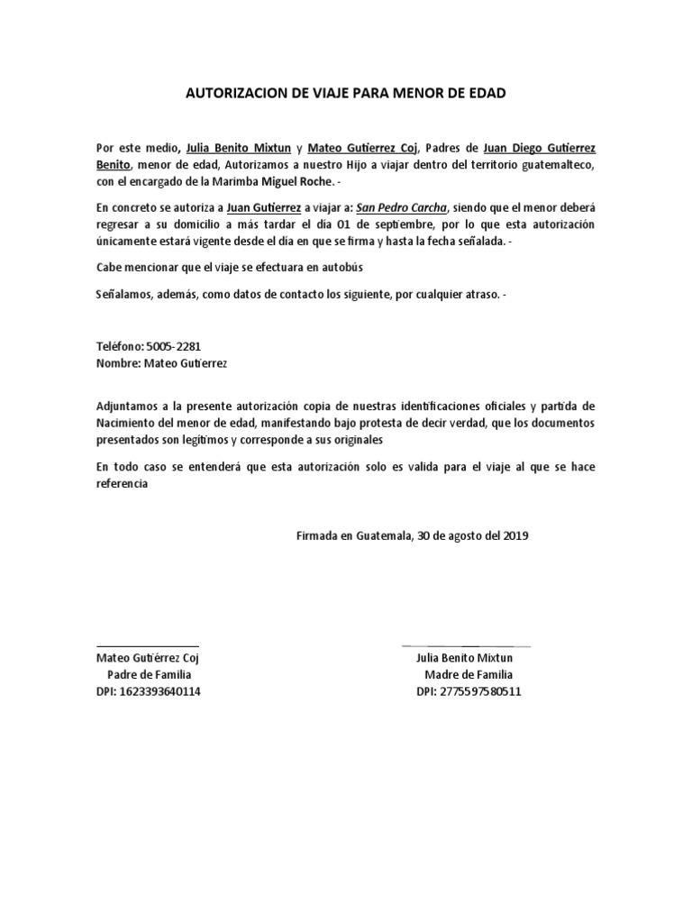 Autorizacion de Viaje para Menor de Edad | PDF