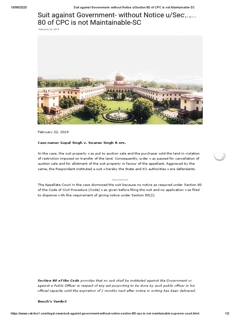 Suit Against Government Without Notice U Section 80 of CPC Is Not