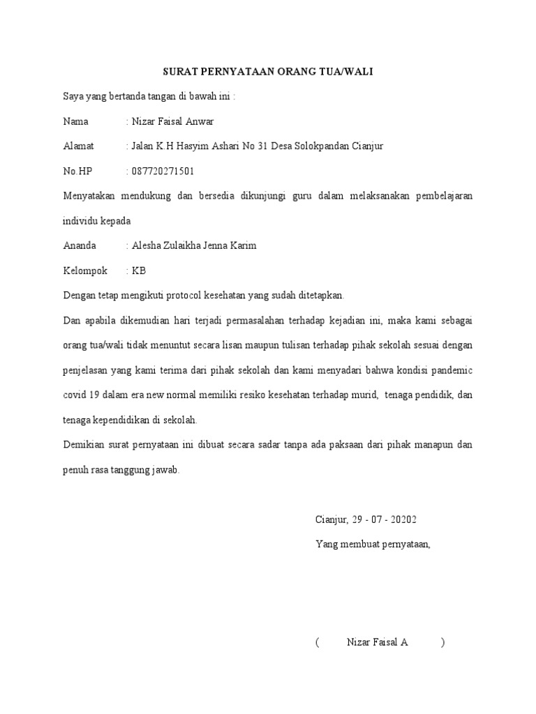 Surat Pernyataan Orang Tua Tatap Muka Docx