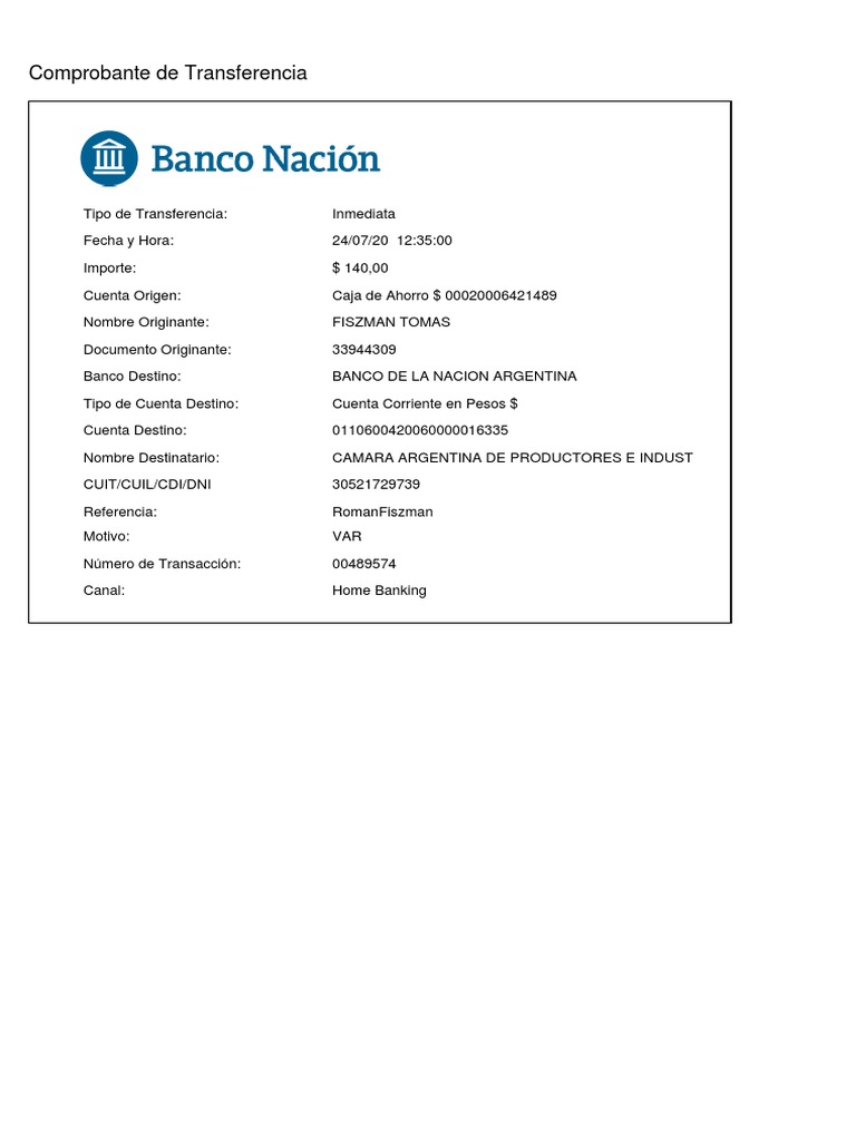 Comprobante de Transferencia Banco Nación | PDF