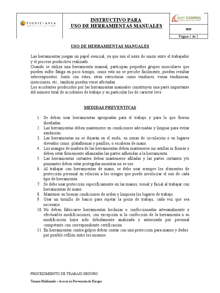 Instructivo para Uso de Herramientas Manuales | PDF | Herramientas ...