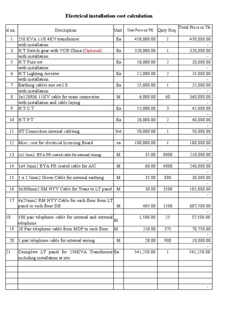 Electrical Installation Cost Calculation Optional) Download Free PDF
