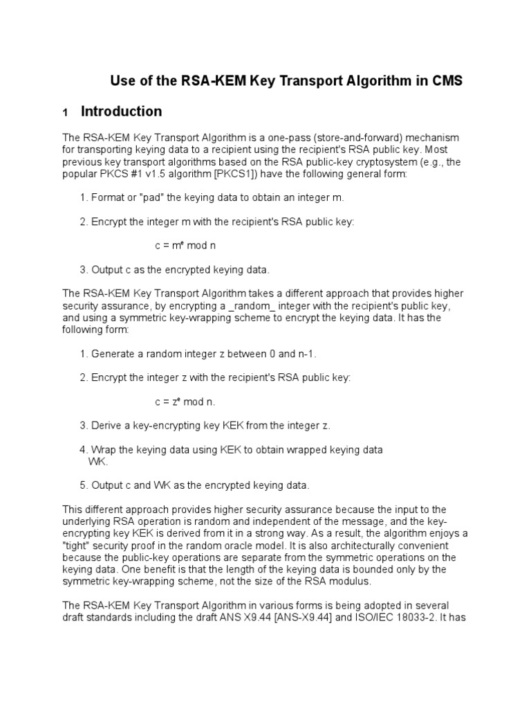 RSA-KEM Key Transport Algorithm Overview | PDF | Key (Cryptography ...