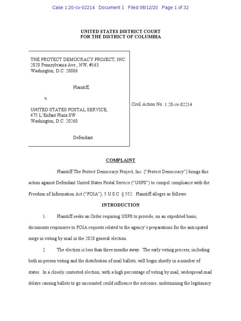 Prot Dem USPS Complaint PDF United States Postal Service Postal