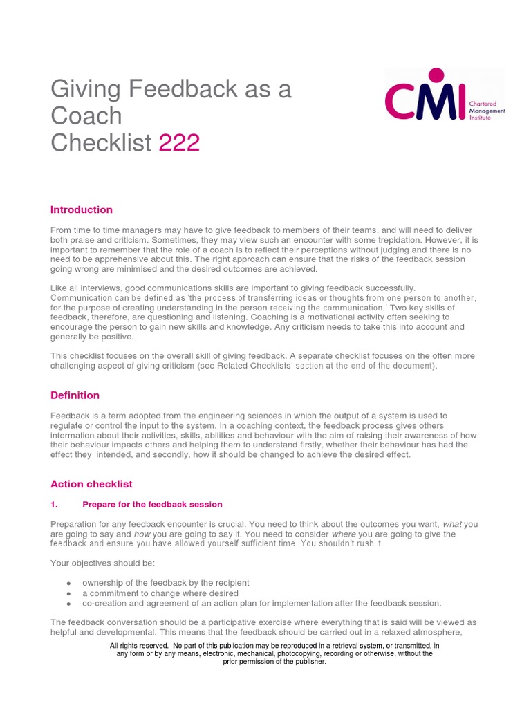 Giving Feedback As A Coach PDF Criticism Feedback