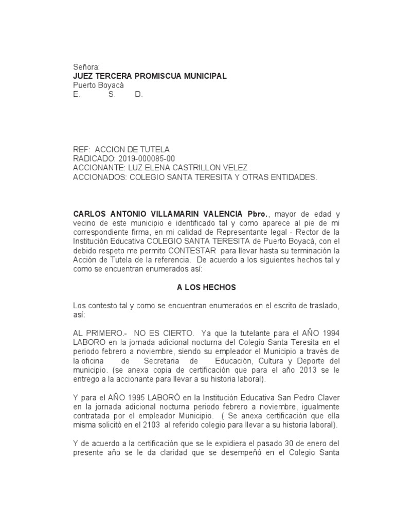 Contestación a Acción de Tutela Laboral | PDF | Debido al proceso ...