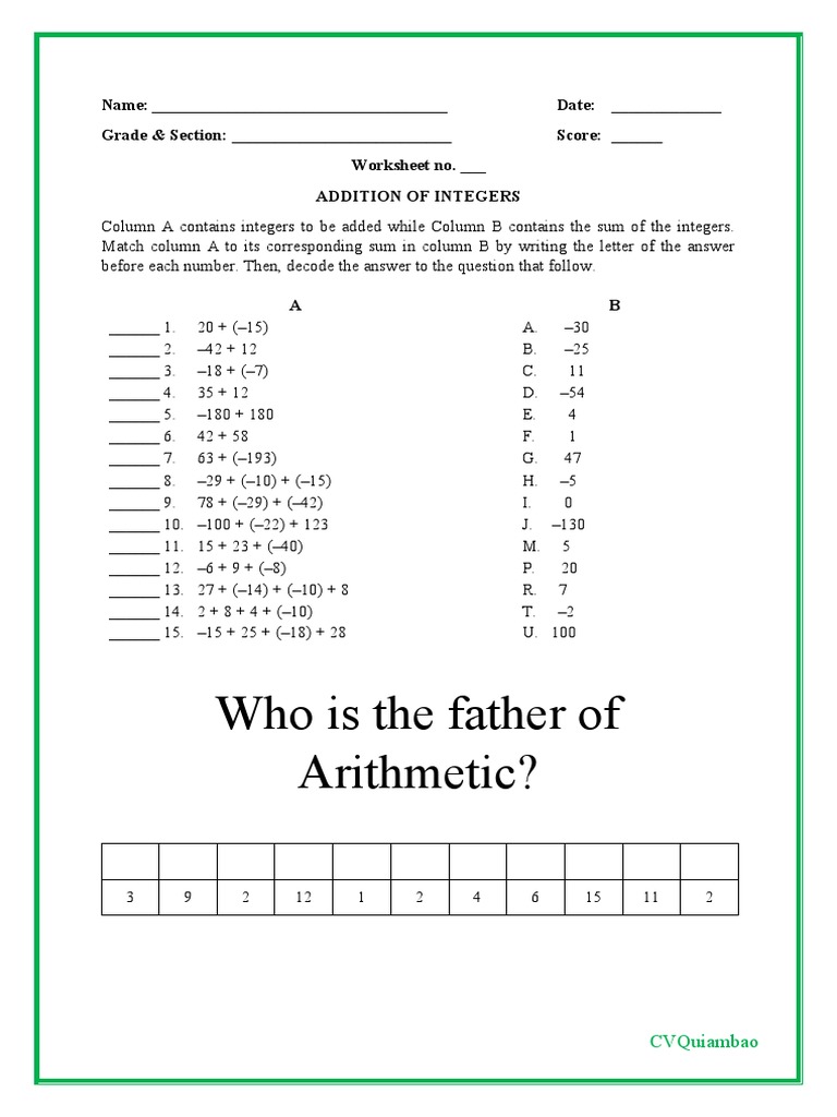 Integer Addition Worksheet for Students | PDF