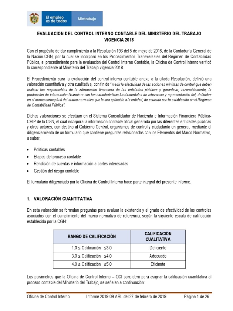 Evaluación Control Interno Contable 2018 | PDF | Teneduría de libros ...