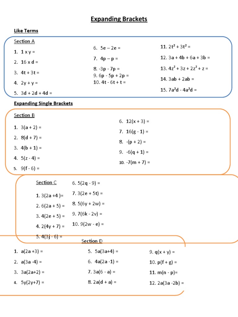 Expanding Brackets Worksheet PDF