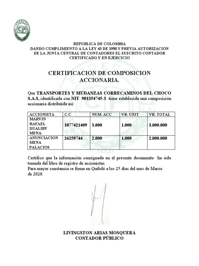 CERTIFICADO Composicion Accionaria | PDF