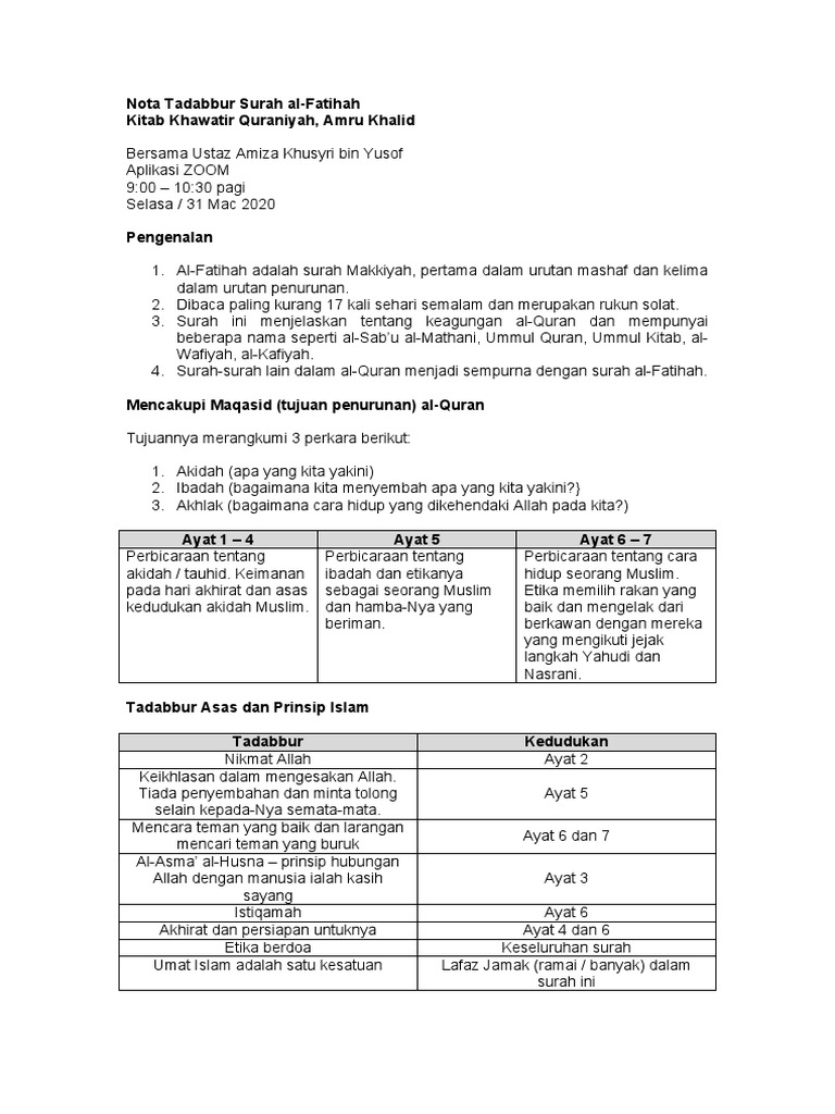 Nota Tadabbur Surah Al Fatihah Pdf
