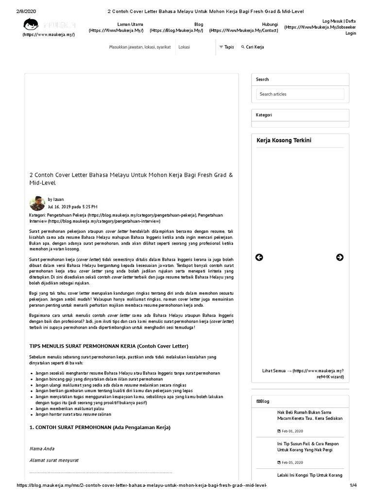 2 Contoh Cover Letter Bahasa Melayu Untuk Mohon Kerja Bagi Fresh Grad Mid Level