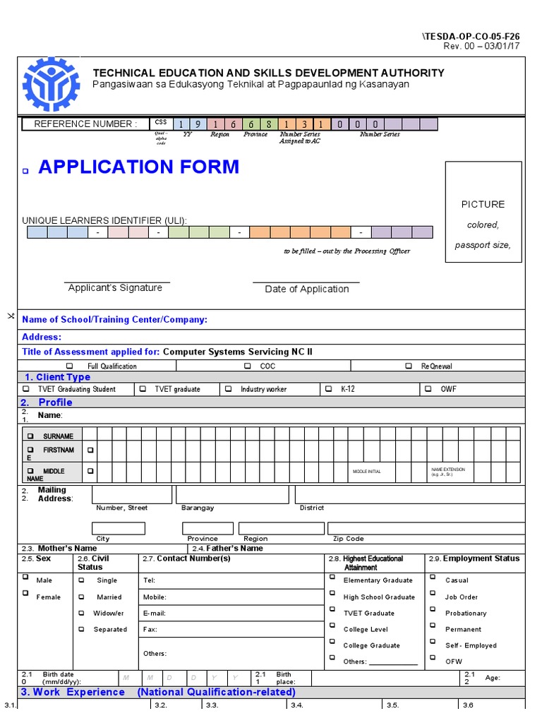 TESDA Assessment Application Form | PDF | Vocational Education ...