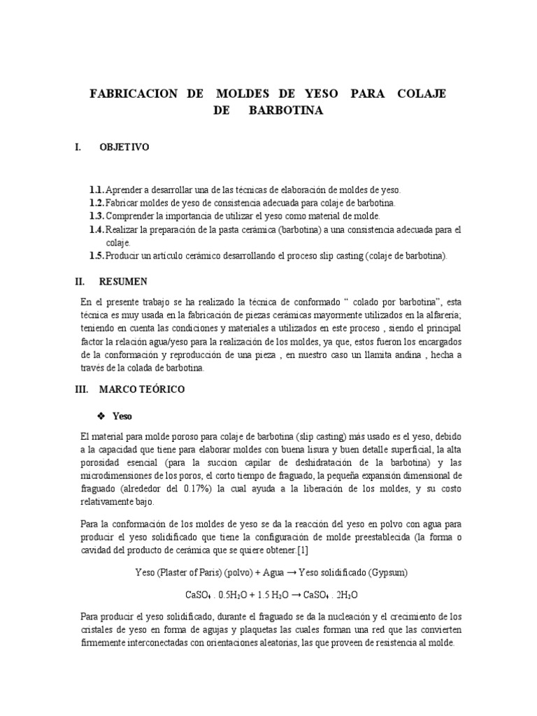 Fabricacion De Moldes De Yeso Para Colaj Pdf Yeso Cerámica