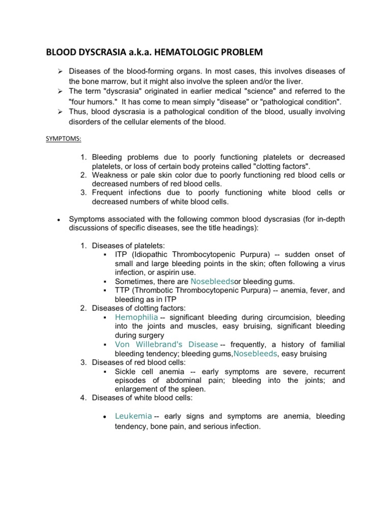 BLOOD DYSCRASIA a Hemostasis Bleeding