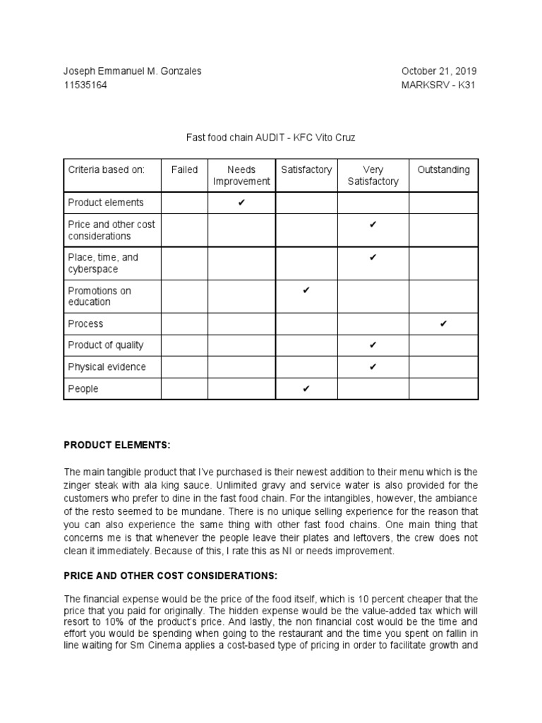 KFC Vito Cruz Audit Report | PDF | Fast Food Restaurants | Menu