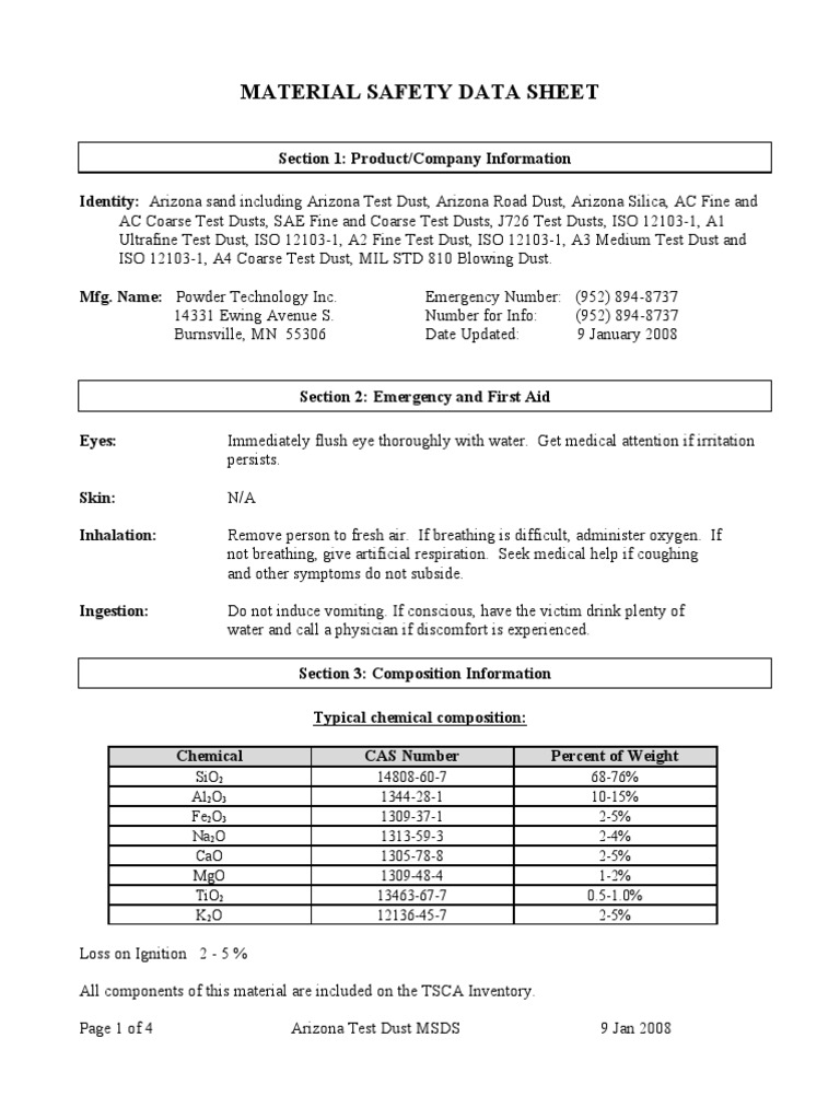 Arizona Test Dust Safety Guidelines | PDF | Dust | Silicon Dioxide