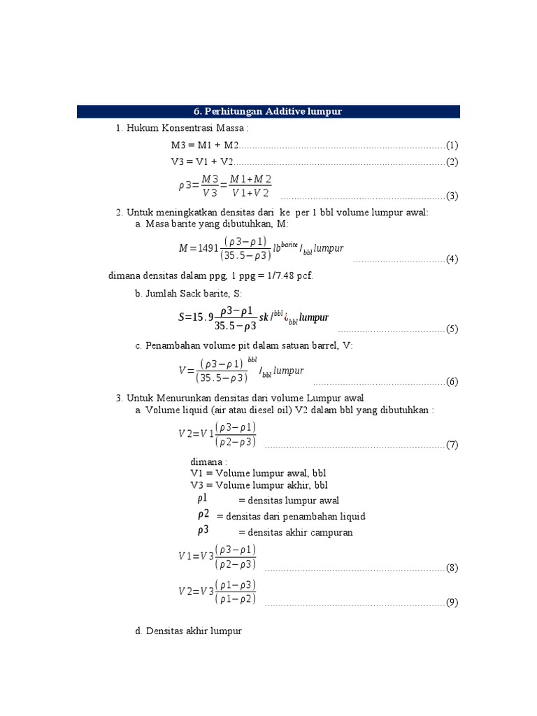 ρ 3= M3 V3 M1+M2 V1+V2: 6. Perhitungan Additive lumpur | PDF