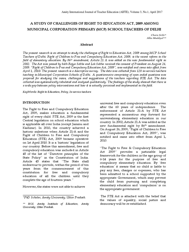 A Study of Challenges of Right To Education Act, 2009 Among Municipal ...