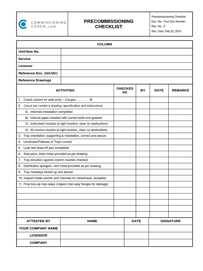 Pre Commissioning Checklists PDF Pump Pipe (Fluid Conveyance)