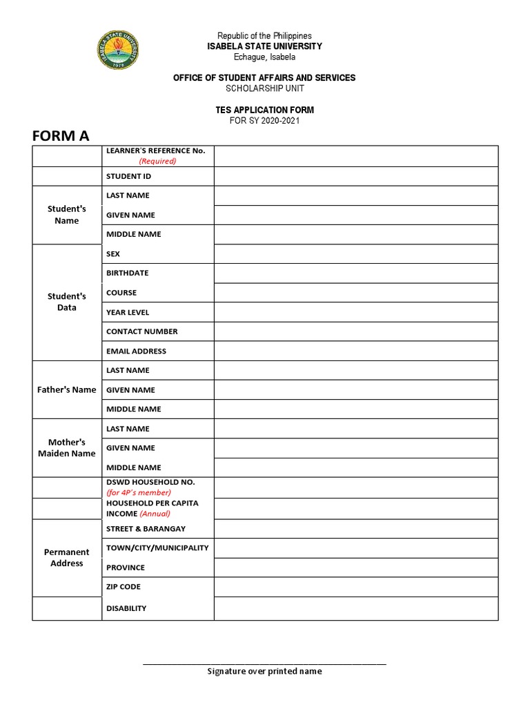 TES Application Form for SY 2020-2021 | PDF