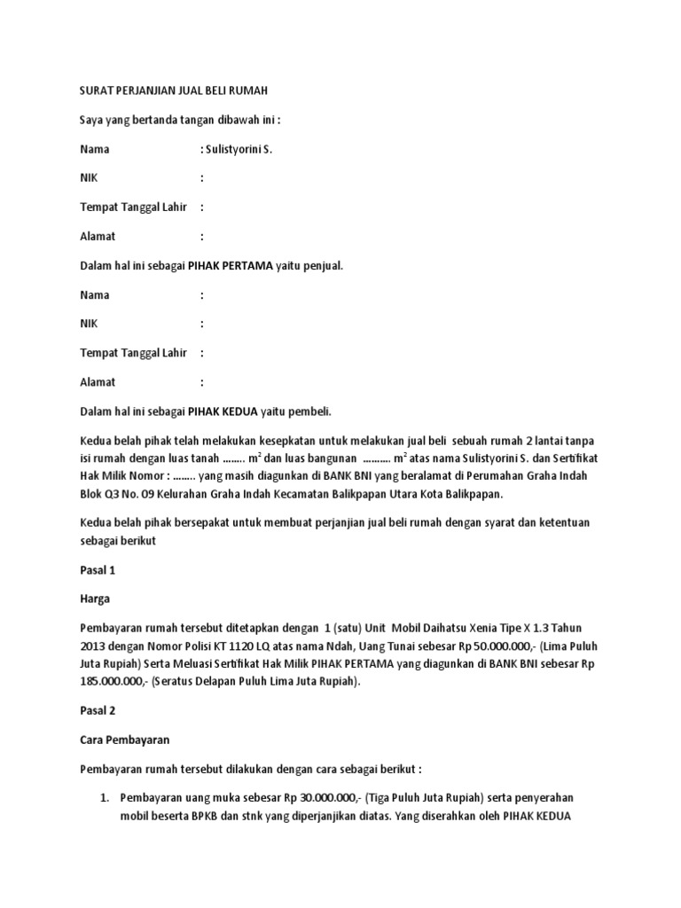 Surat Perjanjian Jual Beli Rumah | PDF