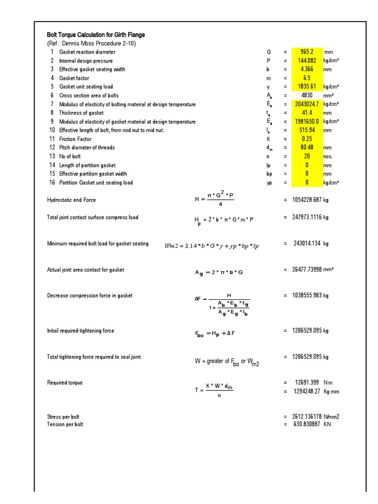 Bolt Torque Calculation For Girth Flange (Ref. Dennis Moss Procedure 2