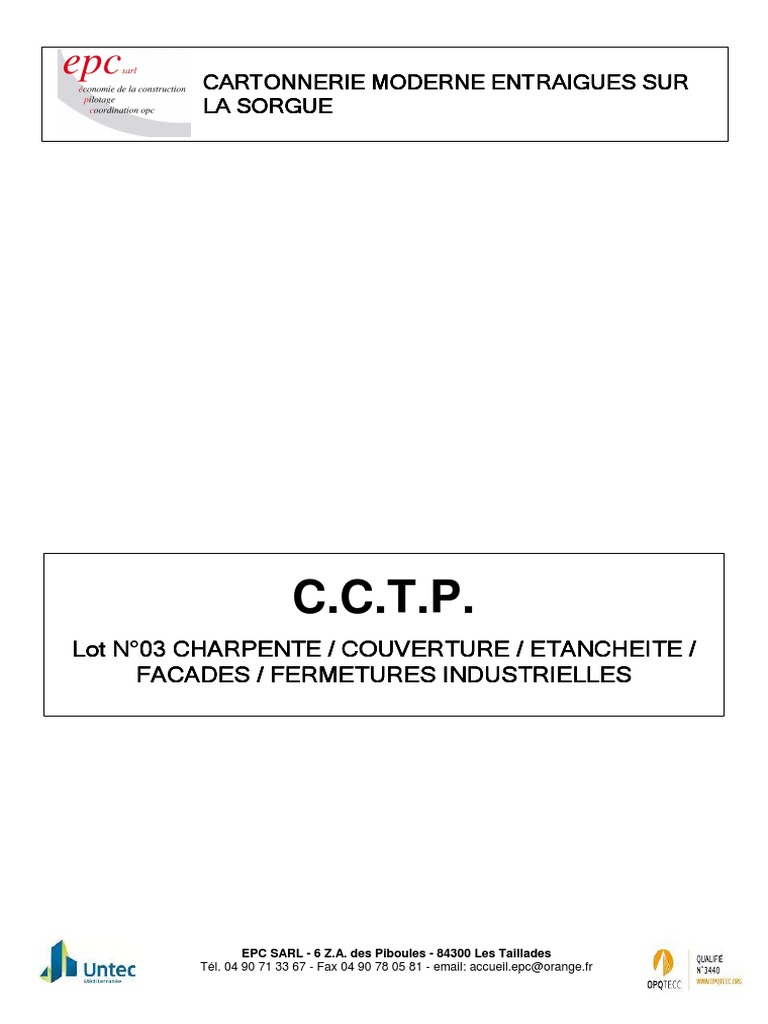 Page De Garde Cahier De Charge Industriel Cartonnerie CCTP Marché Lot 03 | PDF | Isolation thermique du bâtiment |  Entrepreneur principal