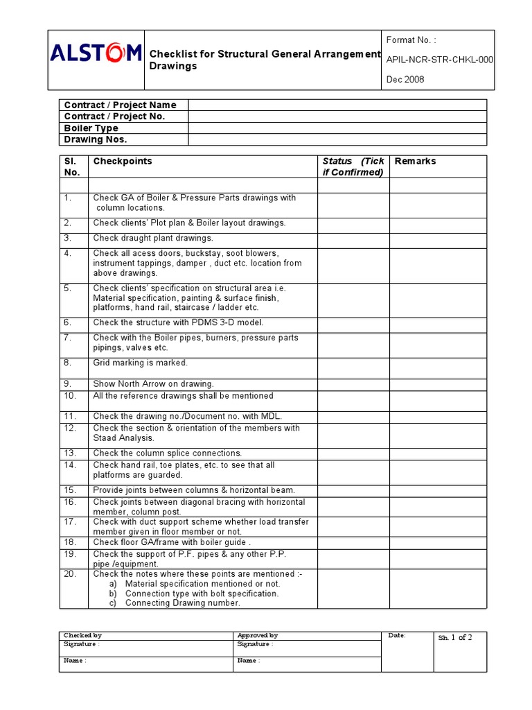 Structural GA Drawing Checklist | PDF | Boiler | Building Engineering