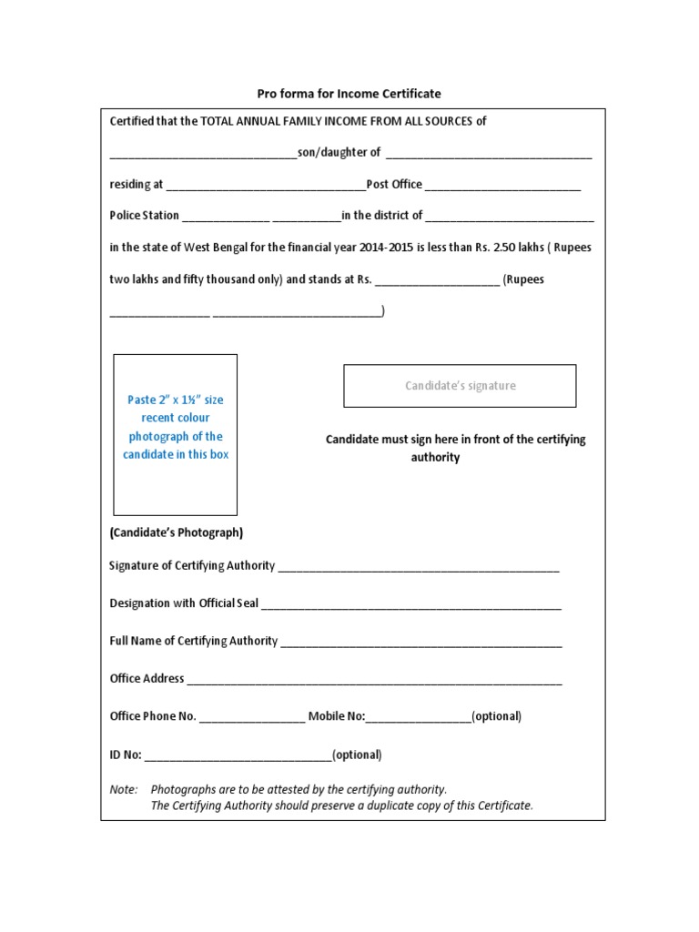 West Bengal Income Certificate Proforma | PDF