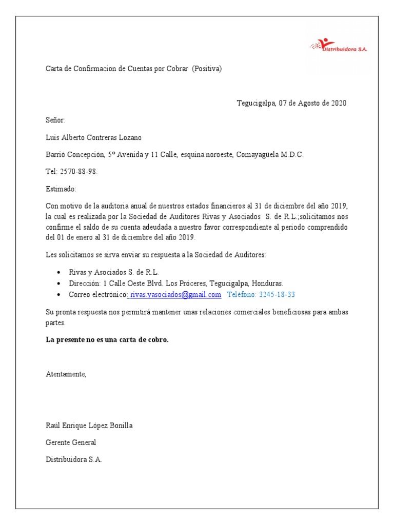 Carta de Confirmacion de Cuentas Por Cobrar (Positiva) | PDF