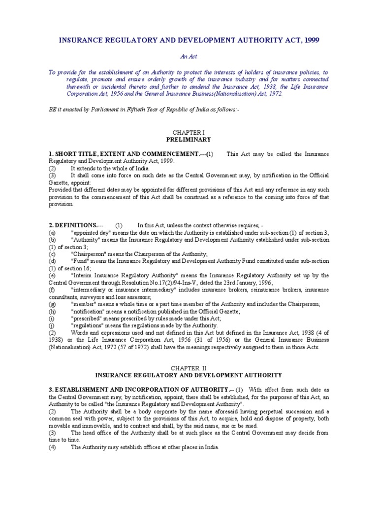 IRDA ACT 1999 Reinsurance Insurance