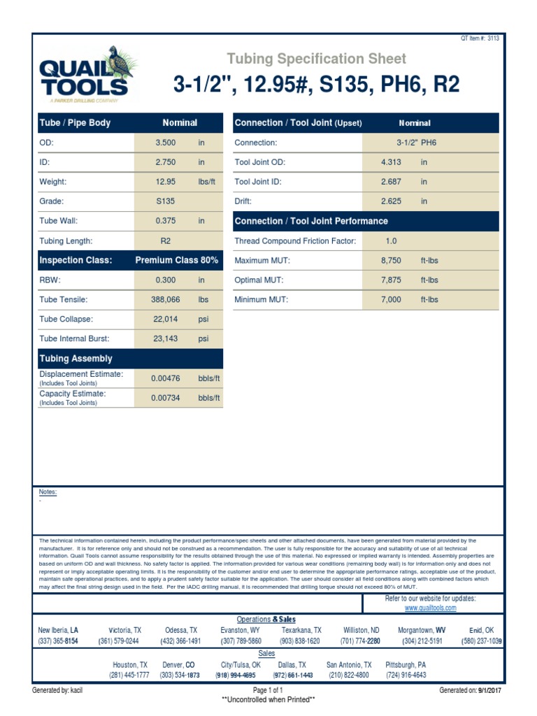 31/2", 12.95, S135, PH6, R2 Tubing Specification Sheet PDF Pipe