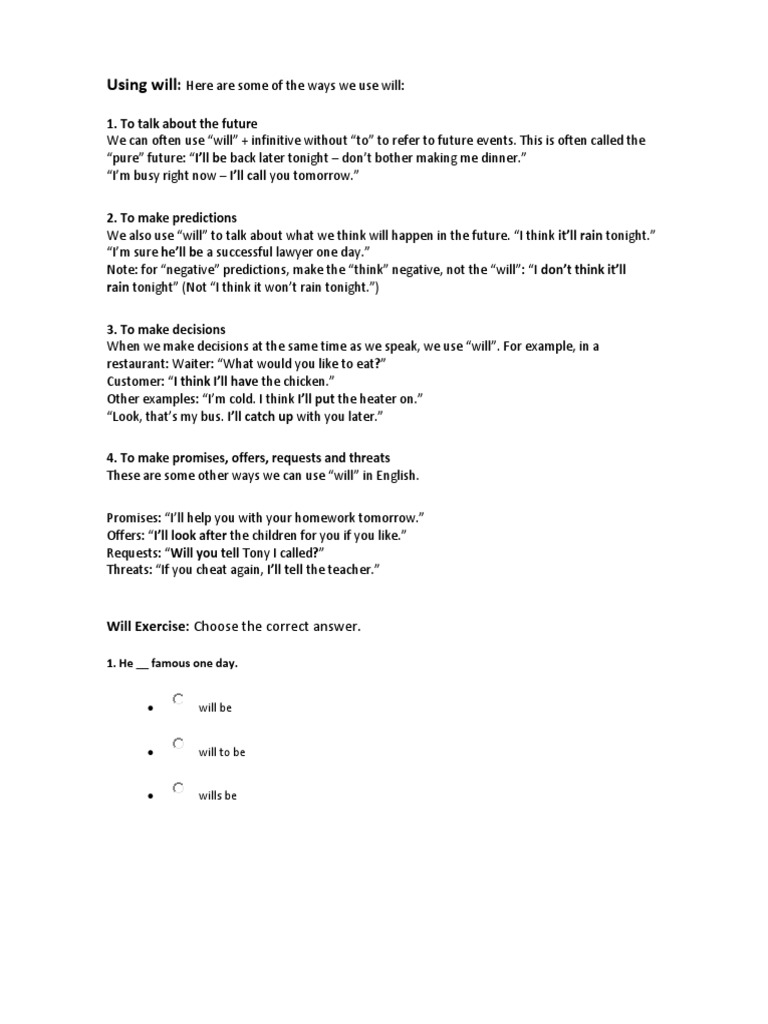 Using Will:: 1. To Talk About The Future | PDF